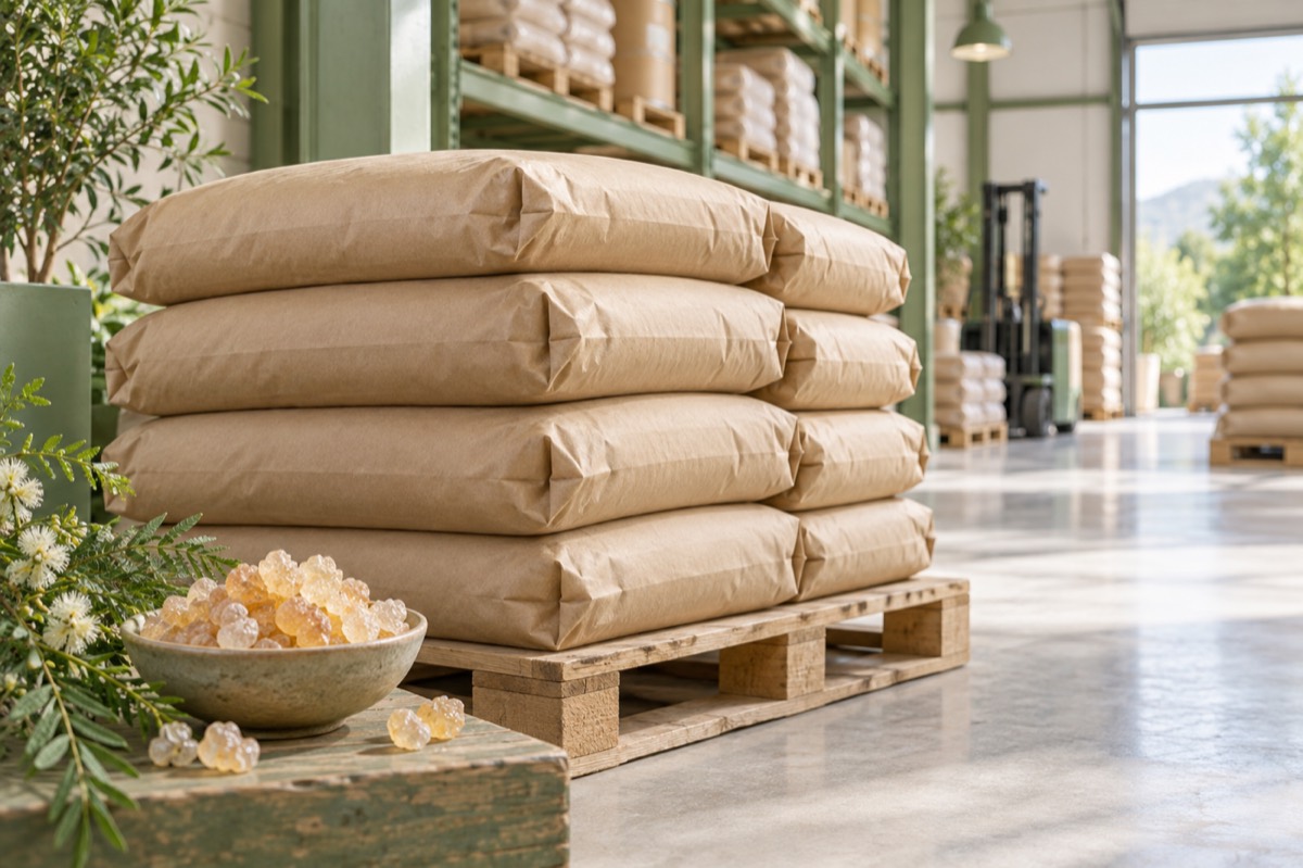 Bulk bags of gum arabic in a warehouse